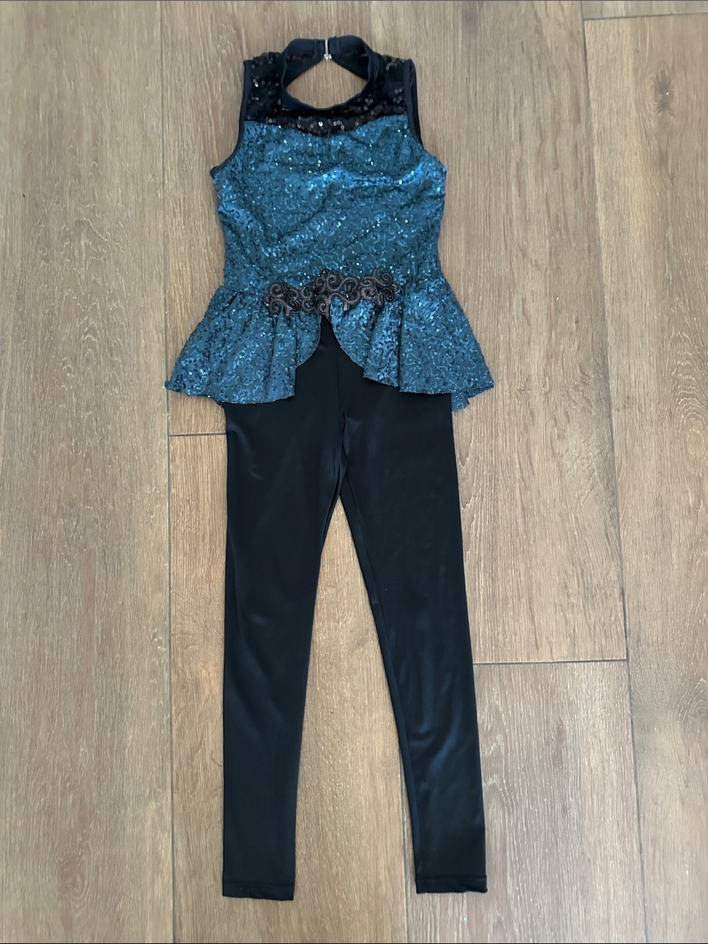 Weissman girls Teal Sequin Peplum Jumpsuit with Black Leggings. Great for dance.